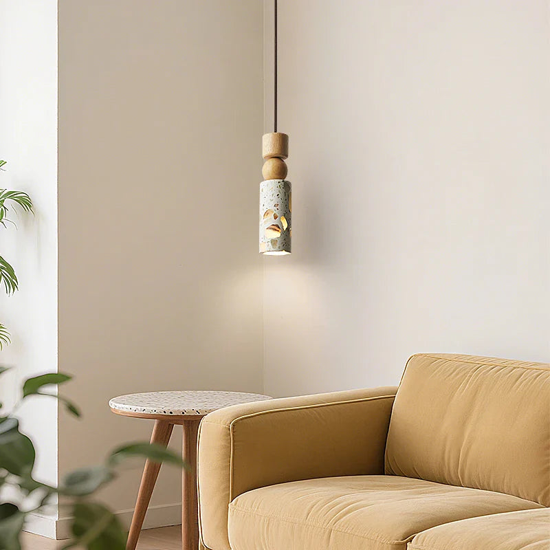 Afralia™ LED Terrazzo Pendant Lamp White Stone Wood Hanging Light