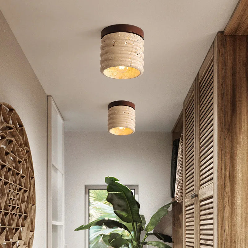 Afralia™ Wood Yellow Travertine LED Ceiling Light Fixture Modern Style Lighting