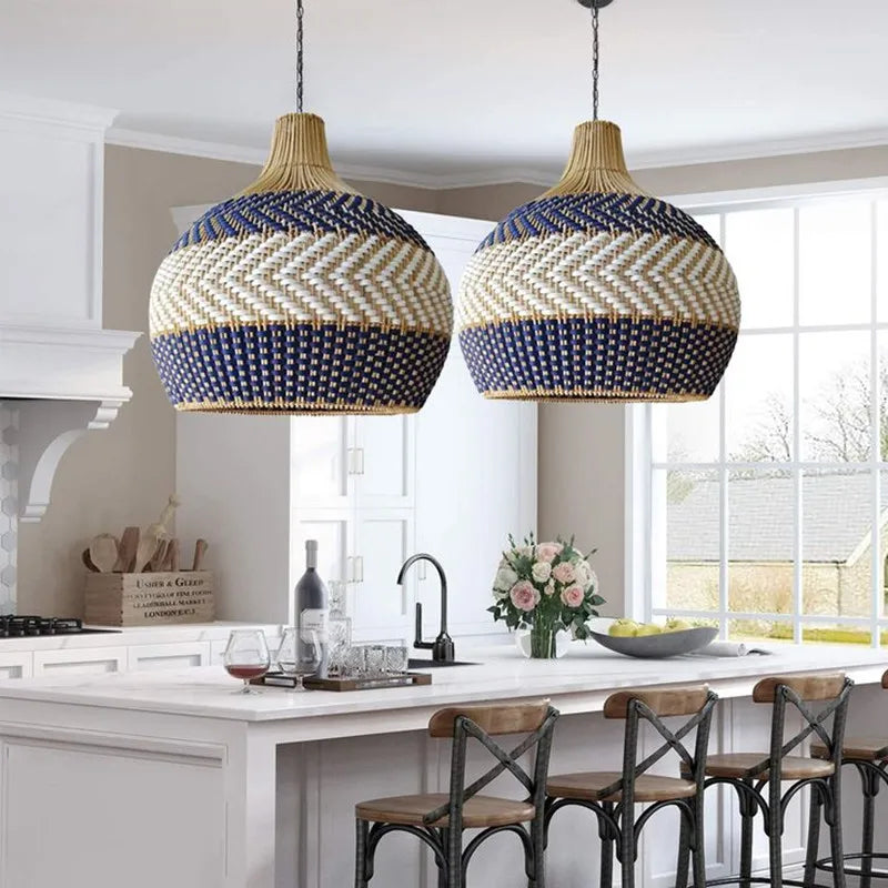 Afralia™ Serena Blue Rattan Pendant Light: Creative Boho Farmhouse Dining Room Lamp