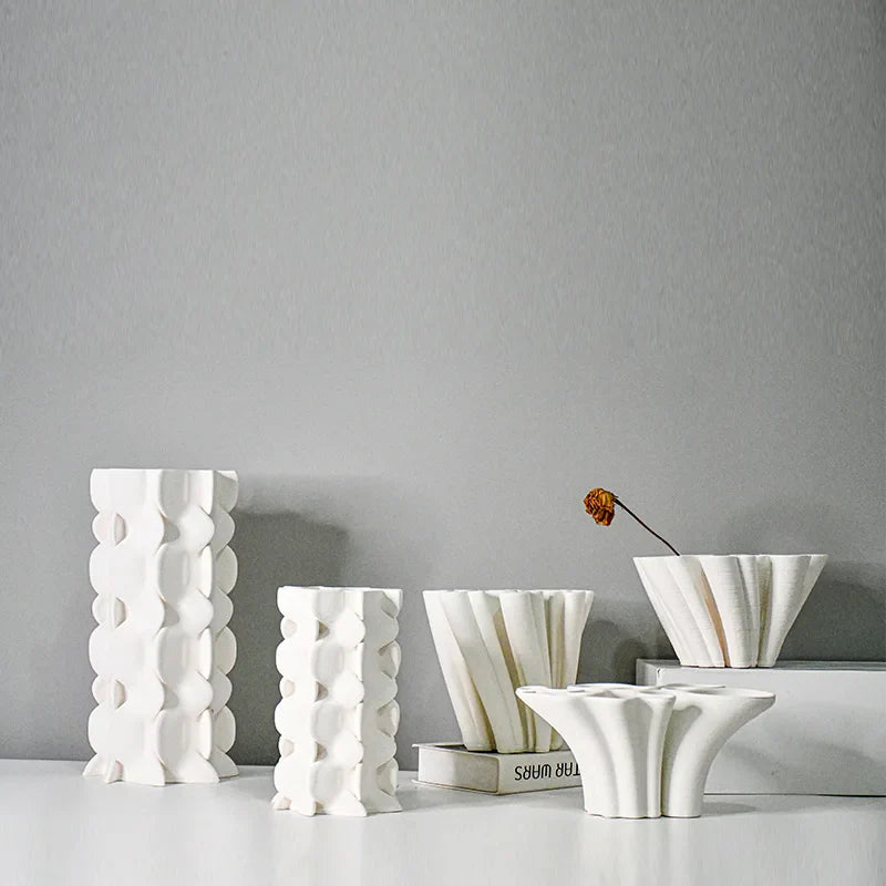 Afralia™ Geometric Ceramic Fold Pattern Flower Vase Decorative Home Ornament