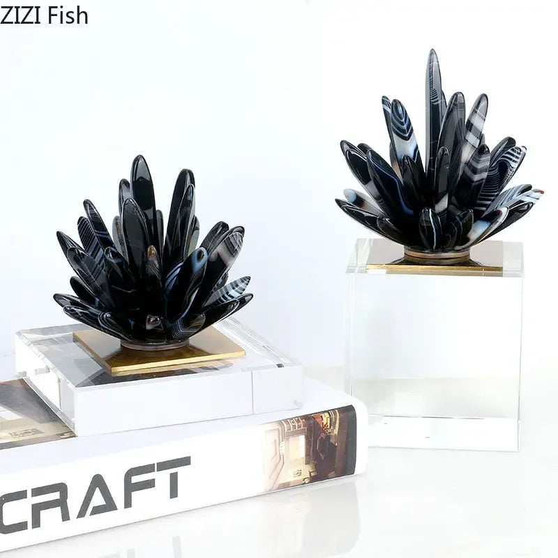 Afralia™ Black Agate Flower Crystal Art Desk Decoration on Crystal Base