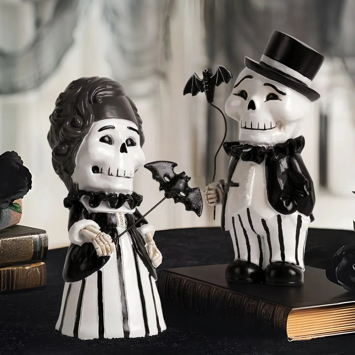 Afralia™ Cartoon Skeleton Gentleman Bat Halloween Statue Home Decor Figurine