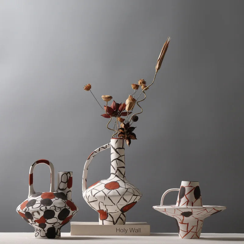 Afralia™ Geometric Graffiti Ceramic Vase with Handles for Home Decor and Floral Arrangements.