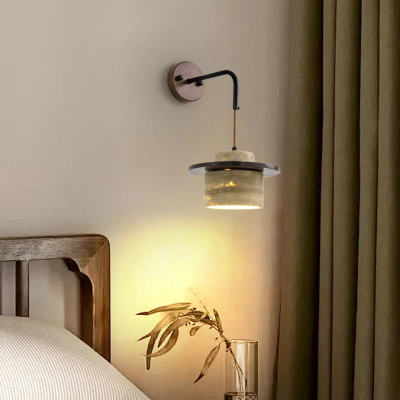 Afralia™ LED Wall Light Fixture Yellow Travertine Stone Modern Bedside Lamp
