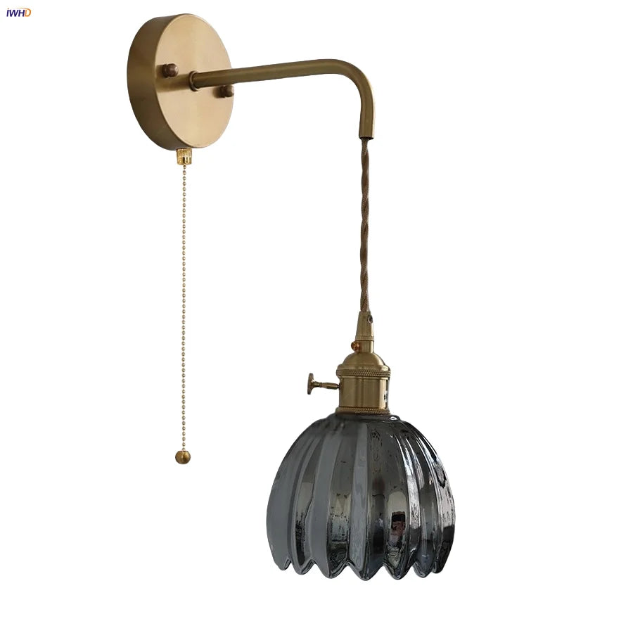 Afralia™ Smoke Gray Glass LED Wall Light Fixture Minimalist Pull Chain Switch Bedside Lamp