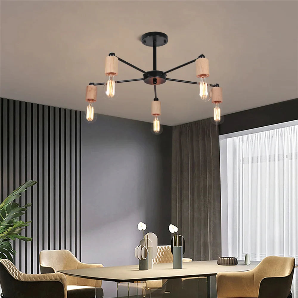 Afralia™ Nordic Loft Chandelier Wood Metal Vintage Ceiling Lamp E27 3/5 Lights for Home Lighting