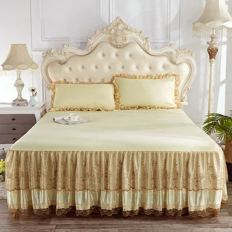 Afralia™ Ruffles Lace Edge Bed Sheet Set with Embroidery Detail
