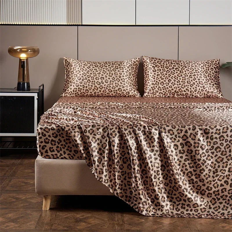 Luxury Satin Leopard Print Bed Sheet Set by Afralia™ - Queen/King Size