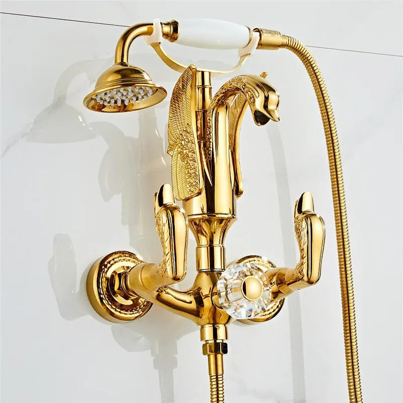 Afralia™ Gold Swan Bathtub & Shower Faucet Set - Wall Mounted Bathroom Mixer Tap