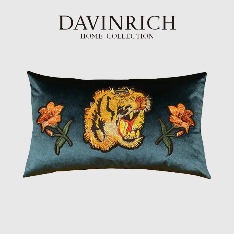 Afralia™ Velvet Cushion Cover with Tiger Cat Applique Embroidery, 45x45cm Luxurious Retro Style