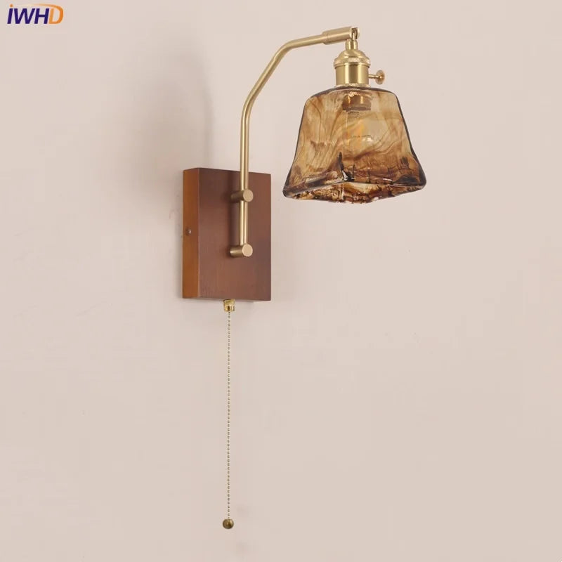 Afralia™ LED Glass & Wood Wall Lamp with Pull Chain Switch for Living Room, Bedroom, Bathroom