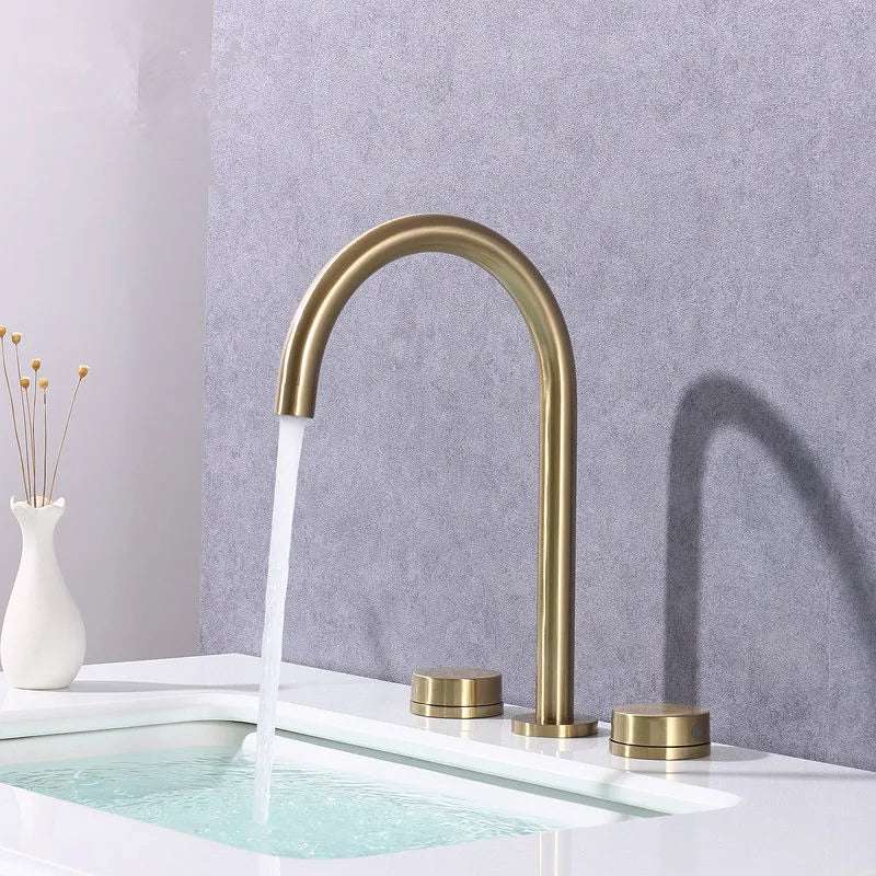 Afralia™ Widespread Brushed Gold Basin Faucet, 360 Rotating Three Hole Bathroom Tap