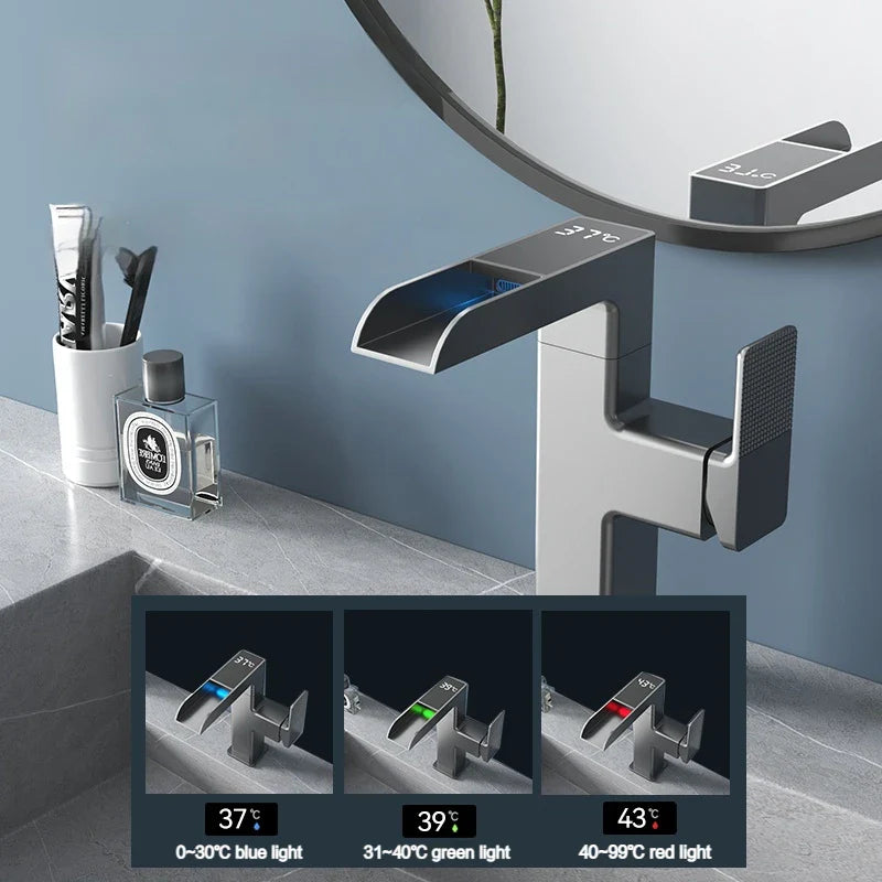 Afralia™ LED Waterfall Basin Faucet with Temperature Display - 360° Rotation