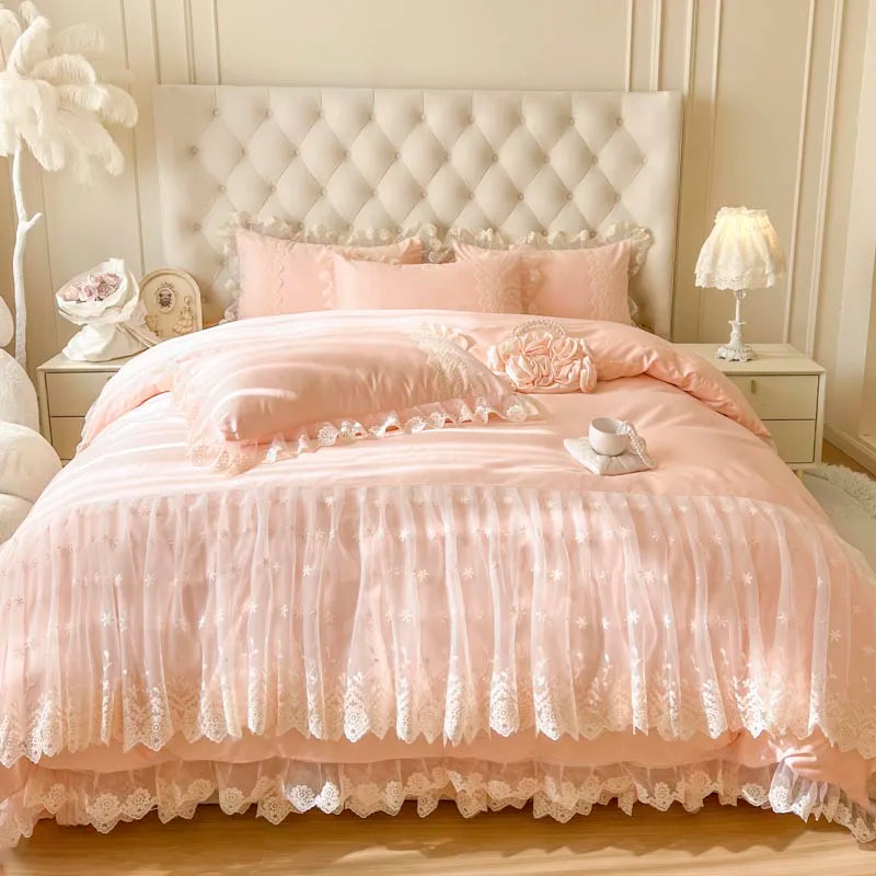 Afralia™ Pink Princess Style Bedding Set: Duvet, Bedskirt, Bedspread, Pillowcases