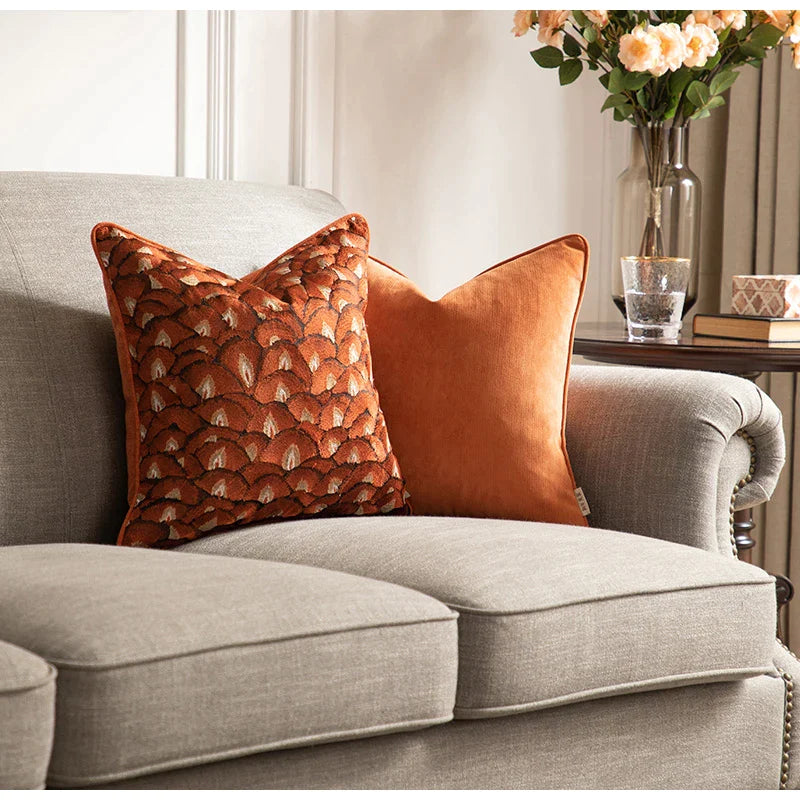 Afralia™ Embroidered Geometry Pillow Case | Brick Red Retro Design | Sofa Cushion Cover