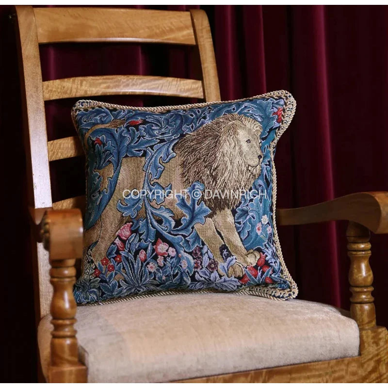 Afralia™ Lion Tapestry Jacquard Square Cushion Cover for Sofa Bed - Vintage Animals Style