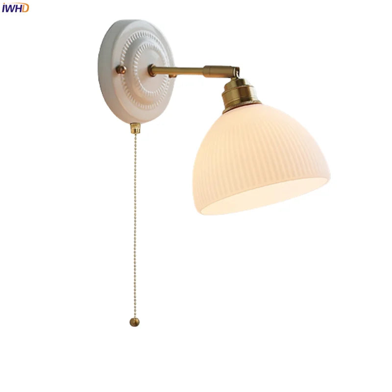 Afralia™ White Glass LED Wall Lights Pull Chain Switch Copper Arm - Bedroom Stair Living Room Mirror Bedside Lamp