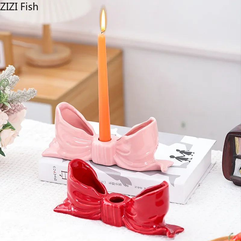 Afralia™ Bowknot Ceramic Candle Holder Desk Decoration Romantic Candlestick Aesthetic Decor