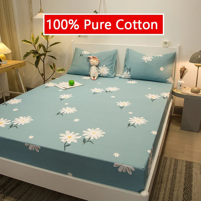 Afralia™ Fashion Flowers Print Cotton Fitted Sheet Single Piece Queen Size, Soft Pink Bed Linen