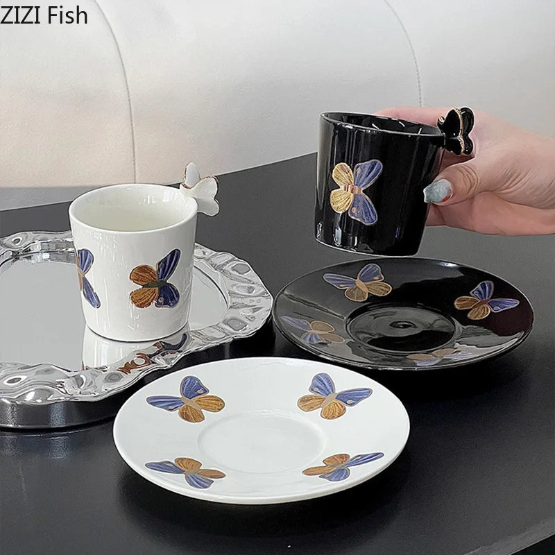 Afralia™ Butterfly Ceramic Tea Cup & Saucer Set for Elegant Dining Table Décor