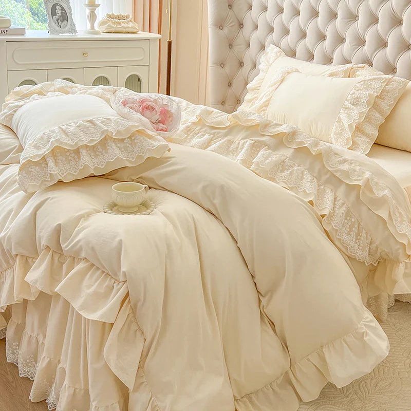 Afralia™ Princess Style Lace Ruffles Bedding Set with Pillowcase 4Pcs