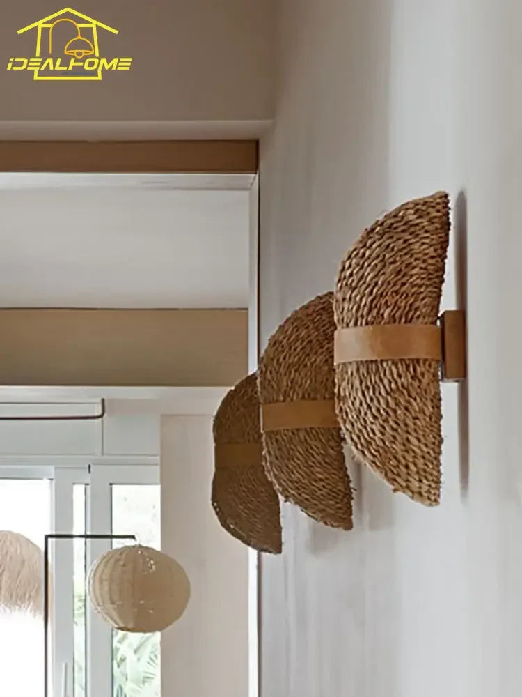 Afralia™ Japanese Wabi-Sabi Ratta Weaving Wall Sconce for Home Decor