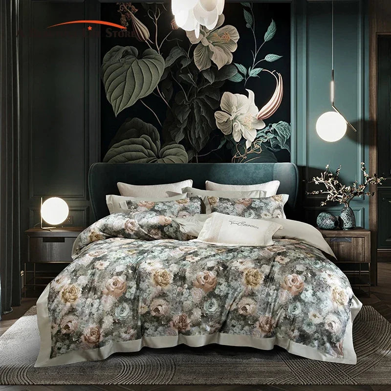 Afralia™ Vintage Flowers Bedding Set - Soft Silky Lyocell Cotton, Oil Painting Style