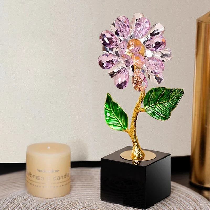 Afralia™ Crystal Sunflower Metal Sculpture Home Decor Figurine Glass Handicraft
