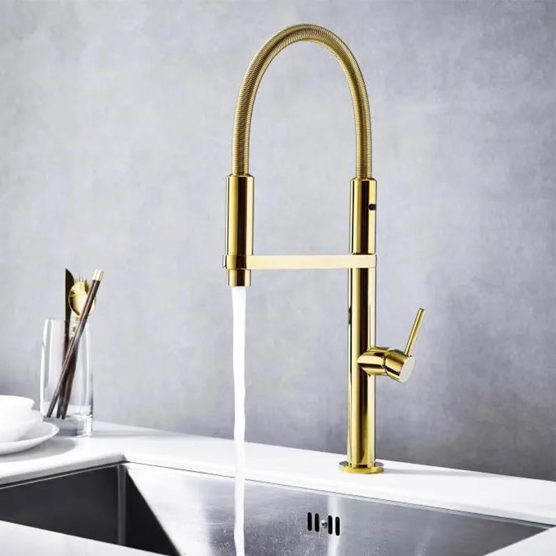 Afralia™ Gold Brass Kitchen Faucet with Foldable Pull Down Spring Spout Mixer Tap