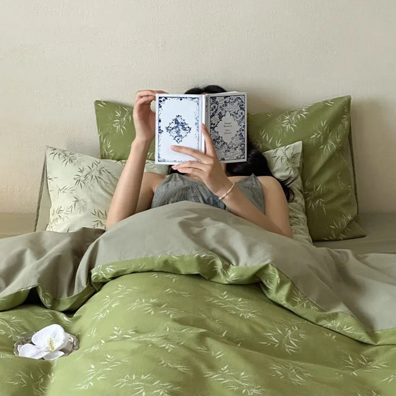 Afralia™ Bamboo Leaf Jacquard Bedding Set: Soft & Comfortable Quilt Set, 100% Cotton, Green, Adult & Kids.