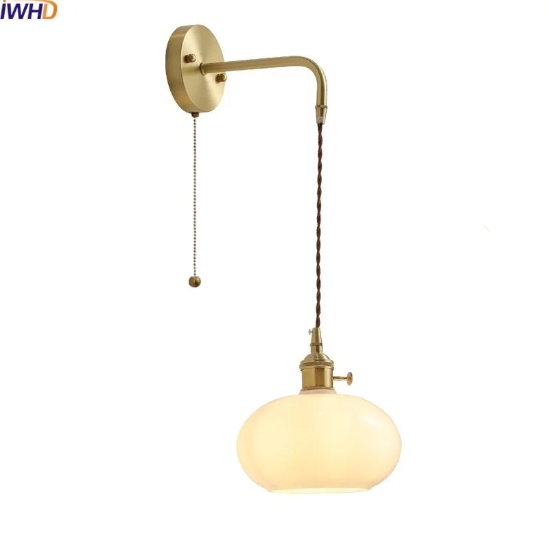 Afralia™ Glass Copper LED Wall Lights with Knob Switch, Modern Bedside Lamp