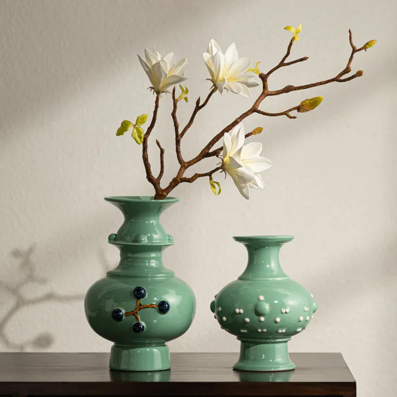 Afralia™ Chinese-style Retro Ceramic Vase, Handmade Relief Pot Flower Vase for Home Decor