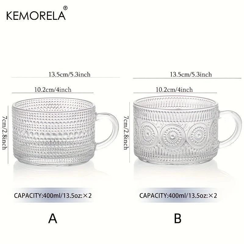 Afralia™ Vintage Embossed Glass Coffee Mugs - Set of 2 | Elegant Tea Cups for Cappuccino and Latte