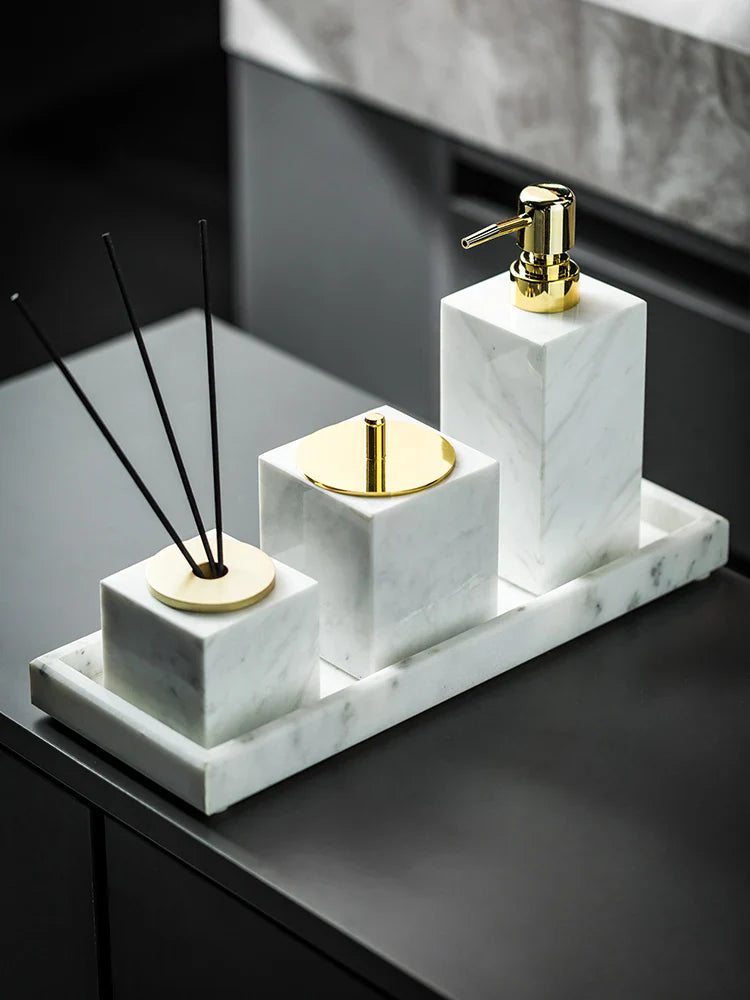 Afralia™ Volakas White Marble Bathroom Set - Soap Dispenser, Tissue Box, Tray