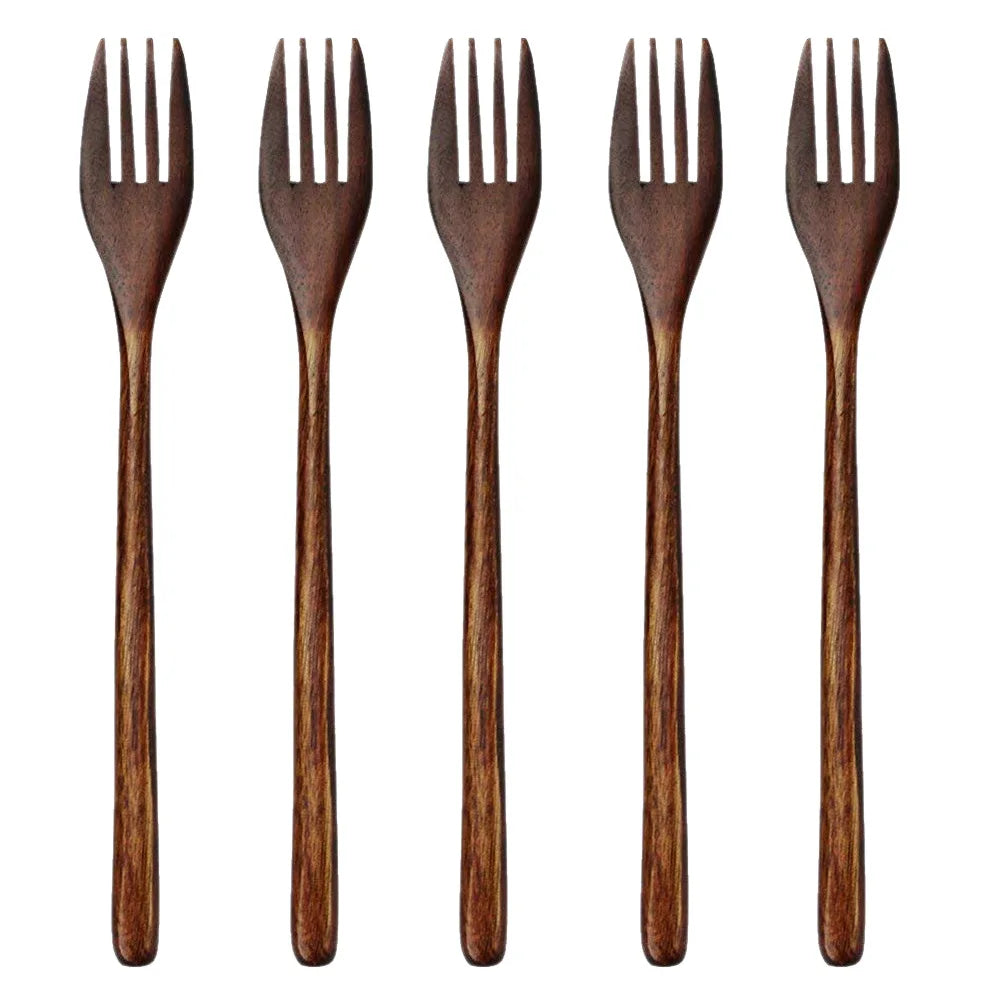 5 Pieces Wooden Spoon Soup Spoon and Fork Tableware Set