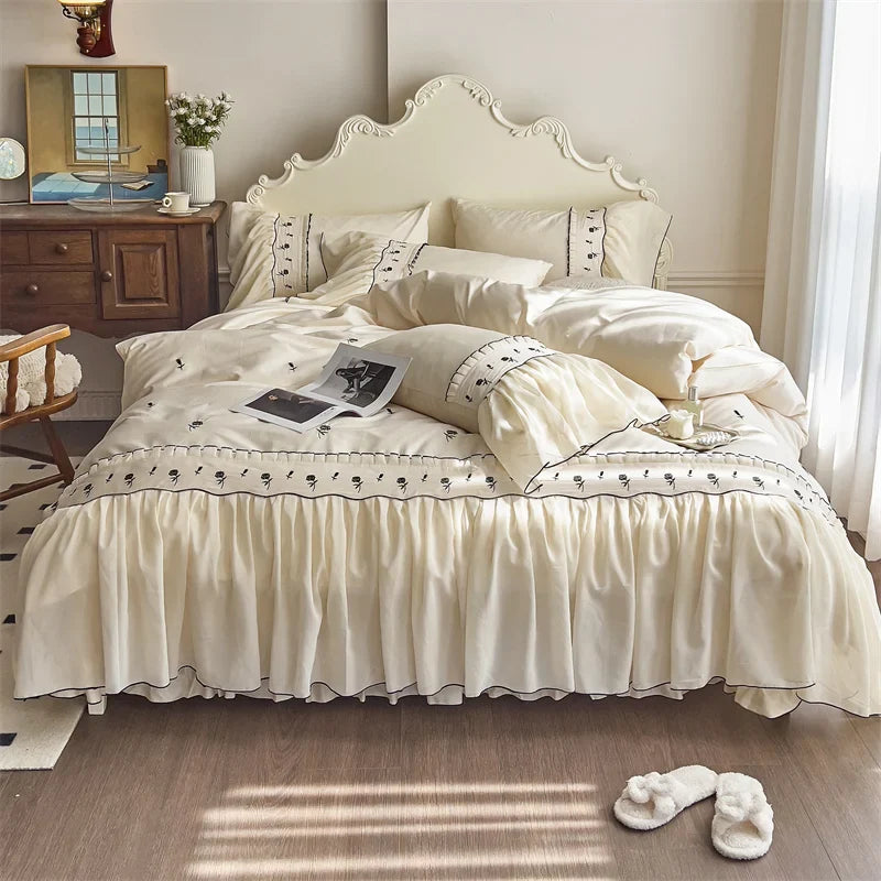 Afralia™ Rose Flowers Embroidery Lace Ruffles Princess Bedding Set with Egyptian Cotton