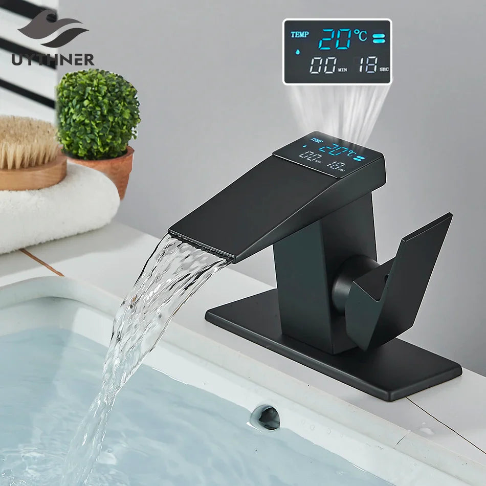 Afralia™ LCD Digital Basin Faucet, Brass Kitchen Sink Mixer Tap, Hot Cold Display