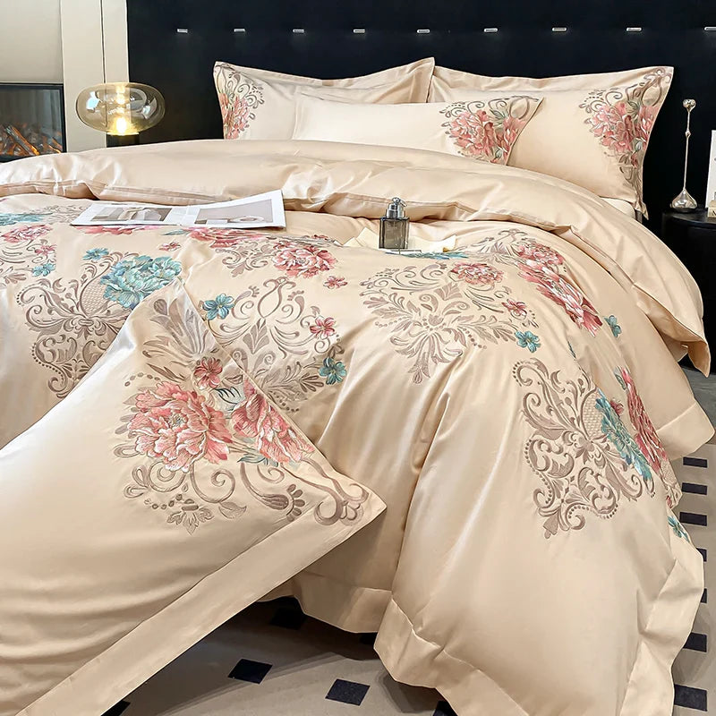 Afralia™ Luxury Flowers Embroidery Cotton Bedding Set - Queen King Size