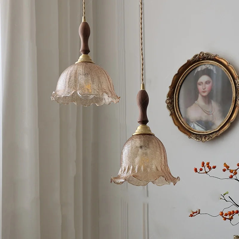 Afralia™ Amber Glass LED Pendant Lamp Walnut Wood Copper Hanging Light