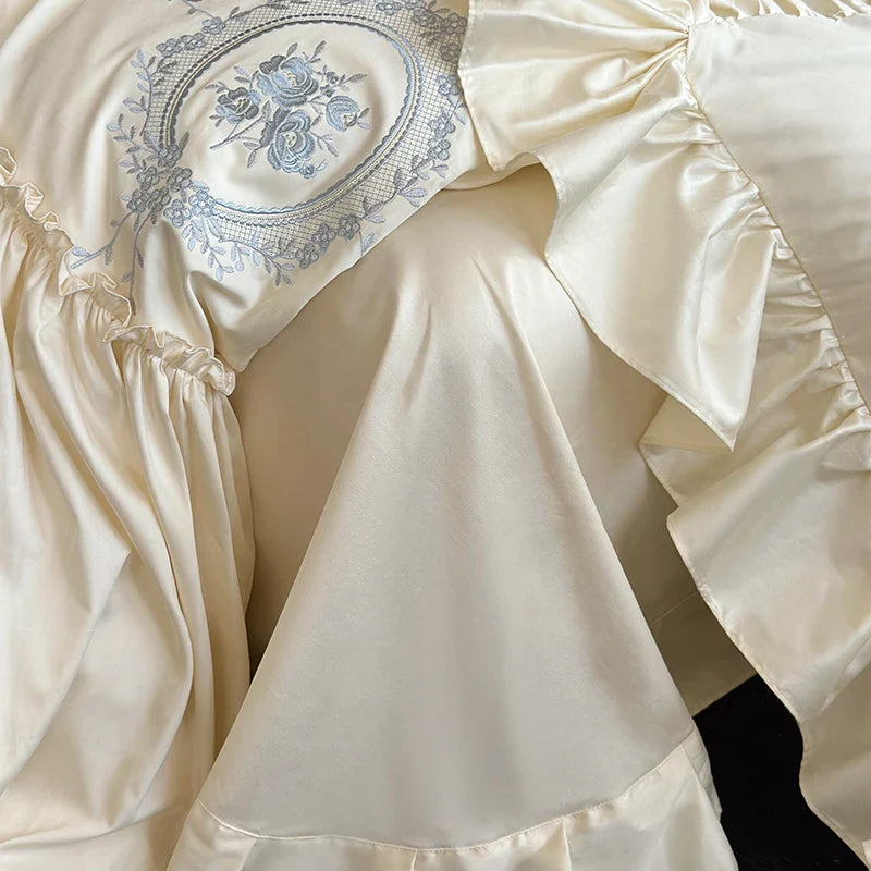 Afralia™ Rustic Rose Embroidery Bedding Set with Pleated Ruffles in Egyptian Cotton