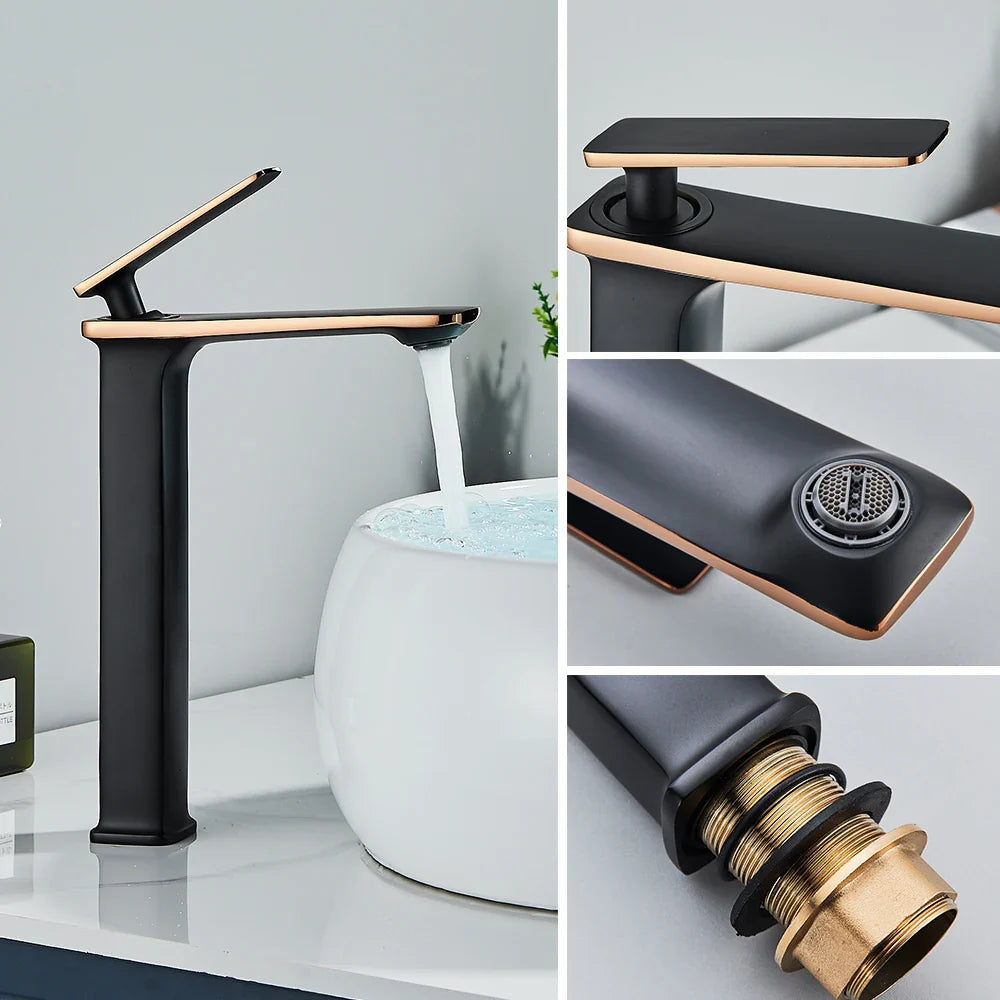 Afralia™ Black Rose Gold Basin Faucet: Modern Deck Mounted Sink Mixer Tap for Luxury Bathrooms