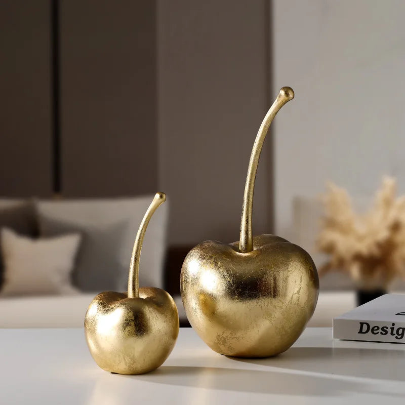 Afralia™ Resin Apple & Cherry Sculptures for Home Decor - Golden Fruit Figurines