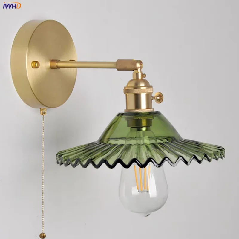 Afralia™ Vintage Green Glass LED Wall Light with Pull Chain Switch