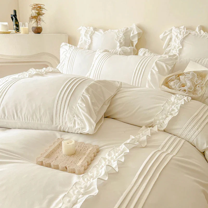 Afralia™ Princess Ruffles Bedding Set: Duvet Cover, Bed Sheet, Pillowcases - Cream White Color