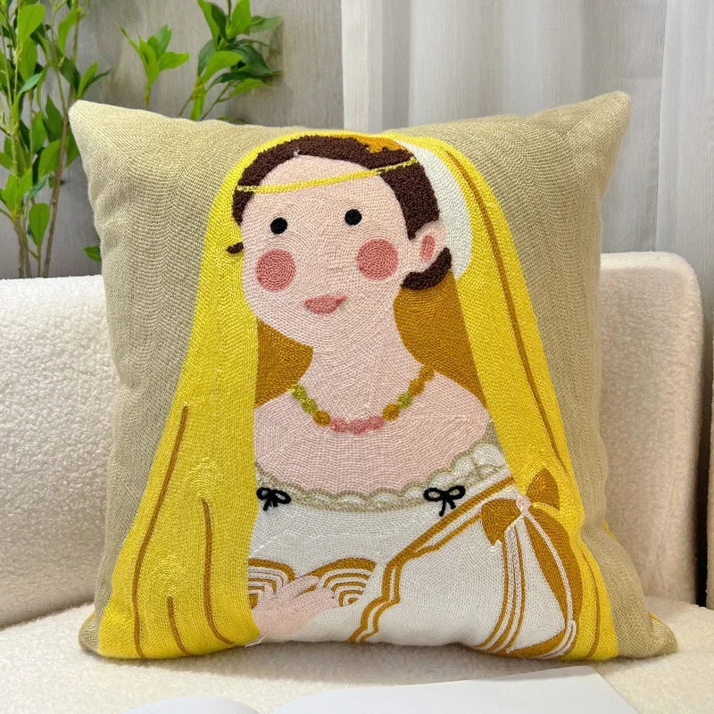 Afralia™ Cartoon Oil Painting Embroidery Throw Pillow for Office Chair, Living Room, Bedroom