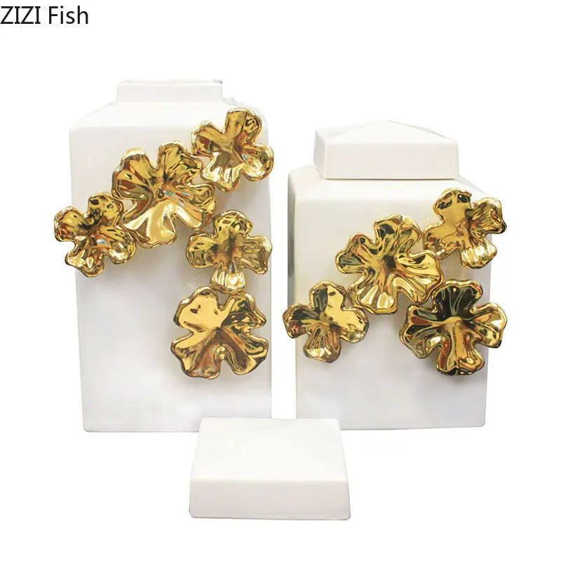 Afralia™ Golden Flower Relief Ceramic Storage Jar for Desk Decoration and Jewelry Box
