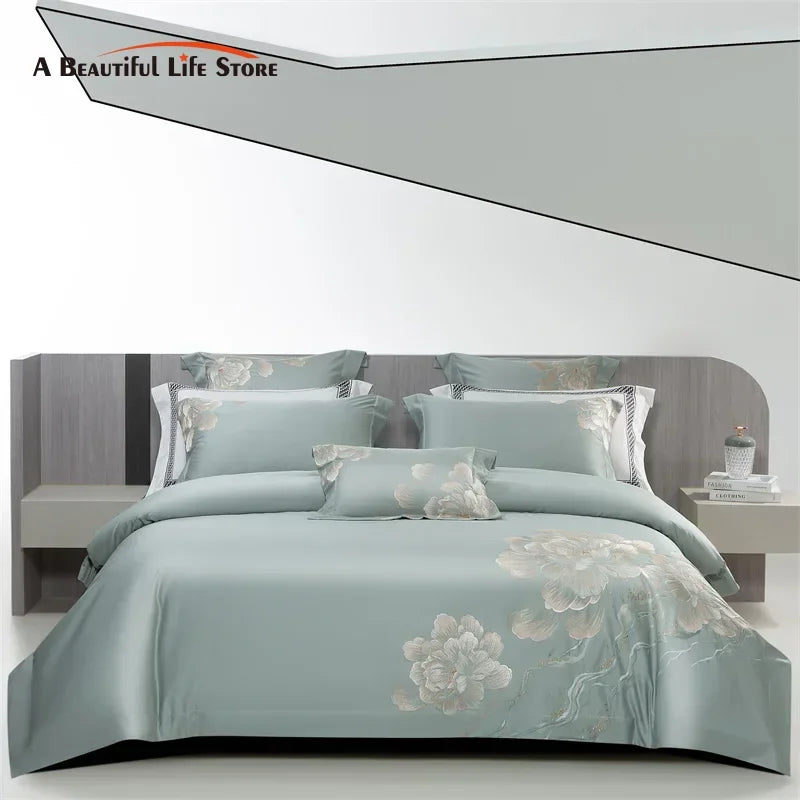 Afralia™ Luxury Flowers Embroidery Egyptian Cotton Bedding Set with 1400TC Quality
