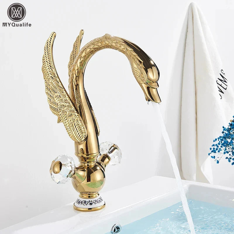 Afralia™ Gold Brass Black Swan Bathroom Basin Faucet Luxury Single Mixer Tap Deck Mounted