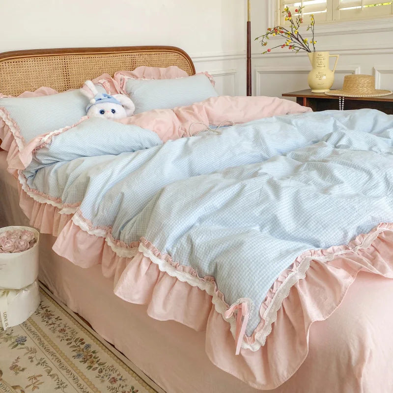 Afralia™ Blue Pink Lattice Bedding Set: Princess Ruffles Bow, 100% Cotton Quilt Cover, Sheet, Pillowcases