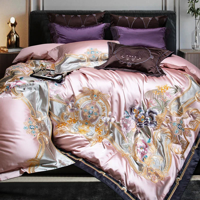 Afralia™ Pink Purple Embroidery European Palace Bedding Set - 9Pcs Premium Egyptian Cotton